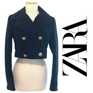 Zara Woman Blazer Cropped Velvet Double Breasted Plush Jacket Navy Nautical XS
